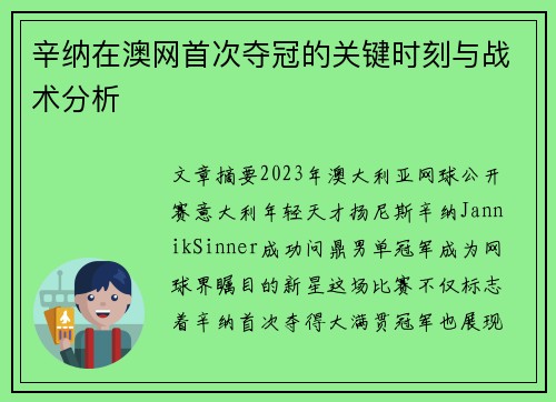 辛纳在澳网首次夺冠的关键时刻与战术分析
